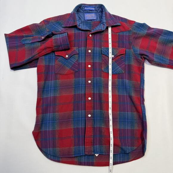 Vintage Pendleton Shirt Womens Medium Red Blue Plaid Wool Western Snap Front 70s - Picture 11 of 15